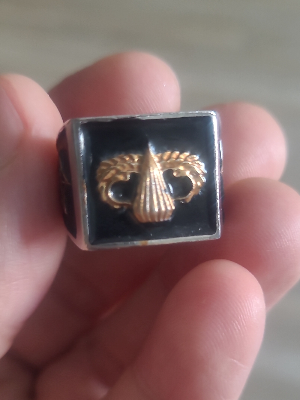 Black and Gold Men's Signet Ring - Decorative Crest Design
